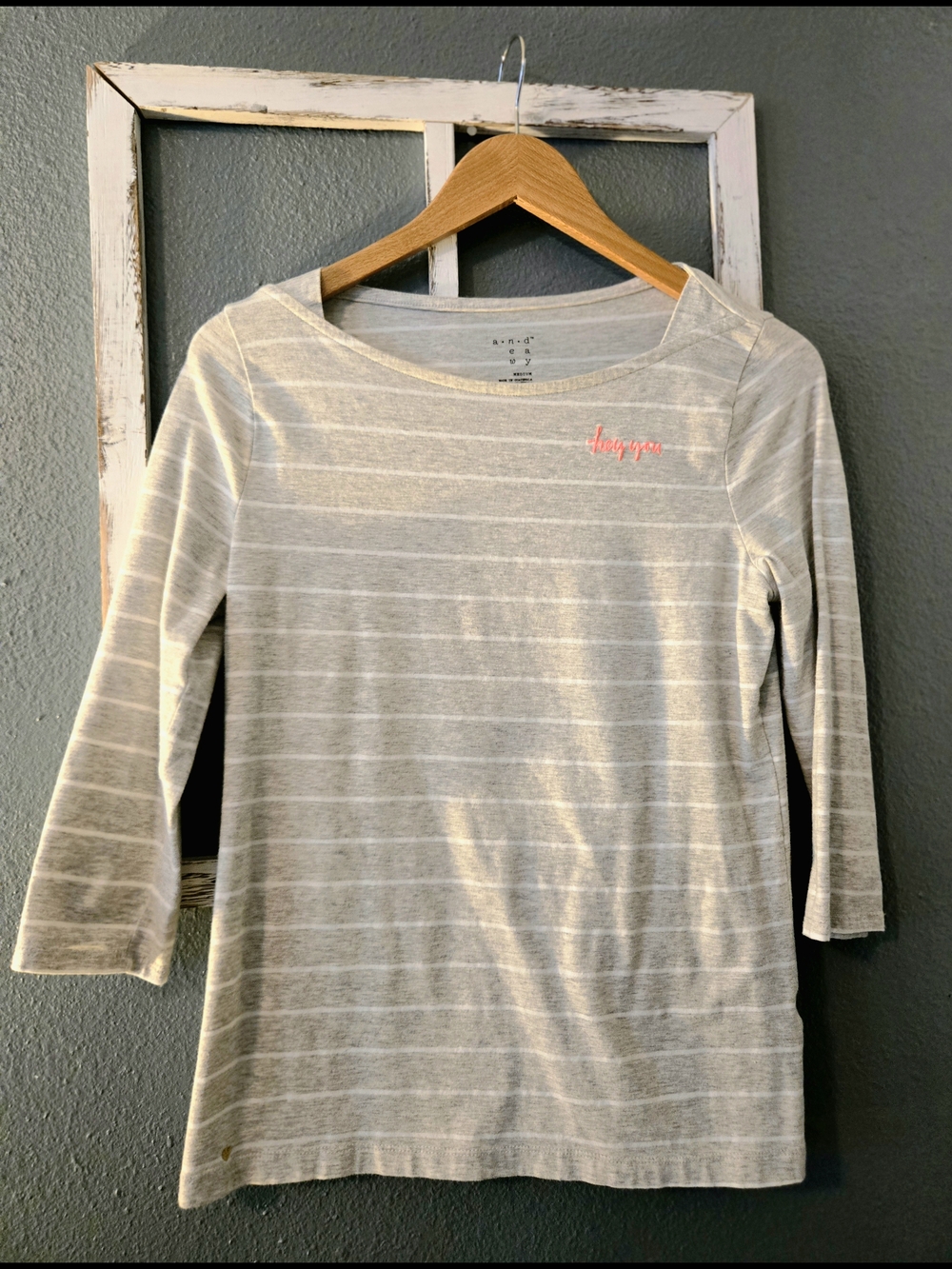 A New Day | Striped GrayPink "Hey You" Boatneck 3/4 Sleeve Tee - Medium